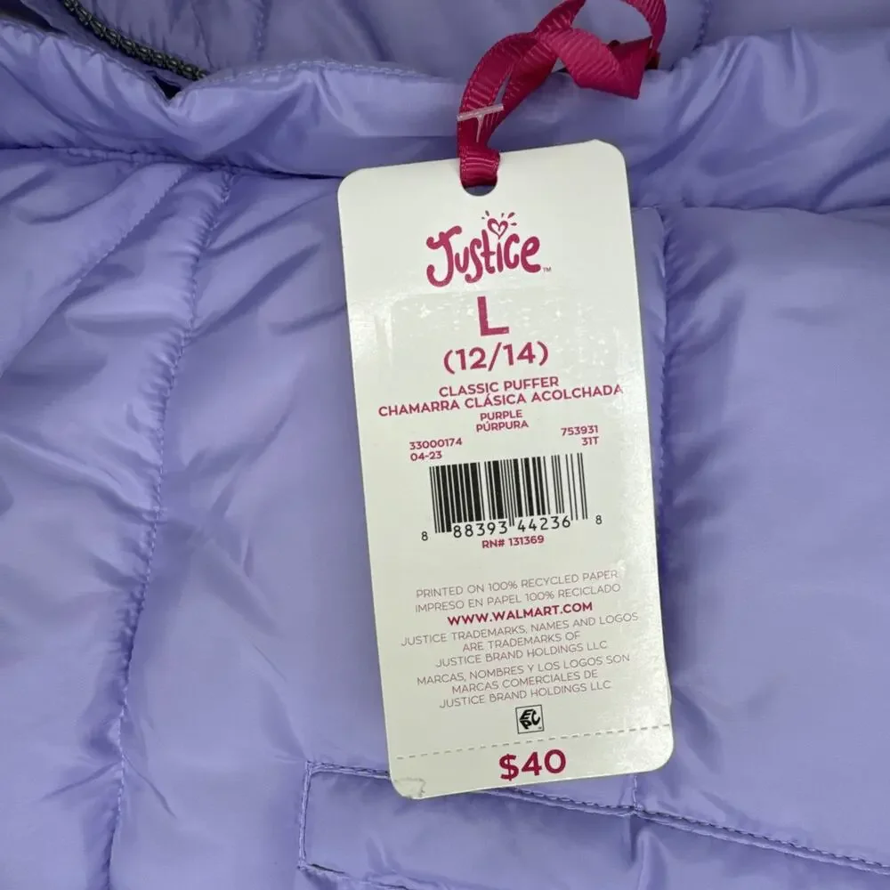 Justice Girls Classic Puffer Jacket Faux Fur Hood Winter Coat Lavender Size L